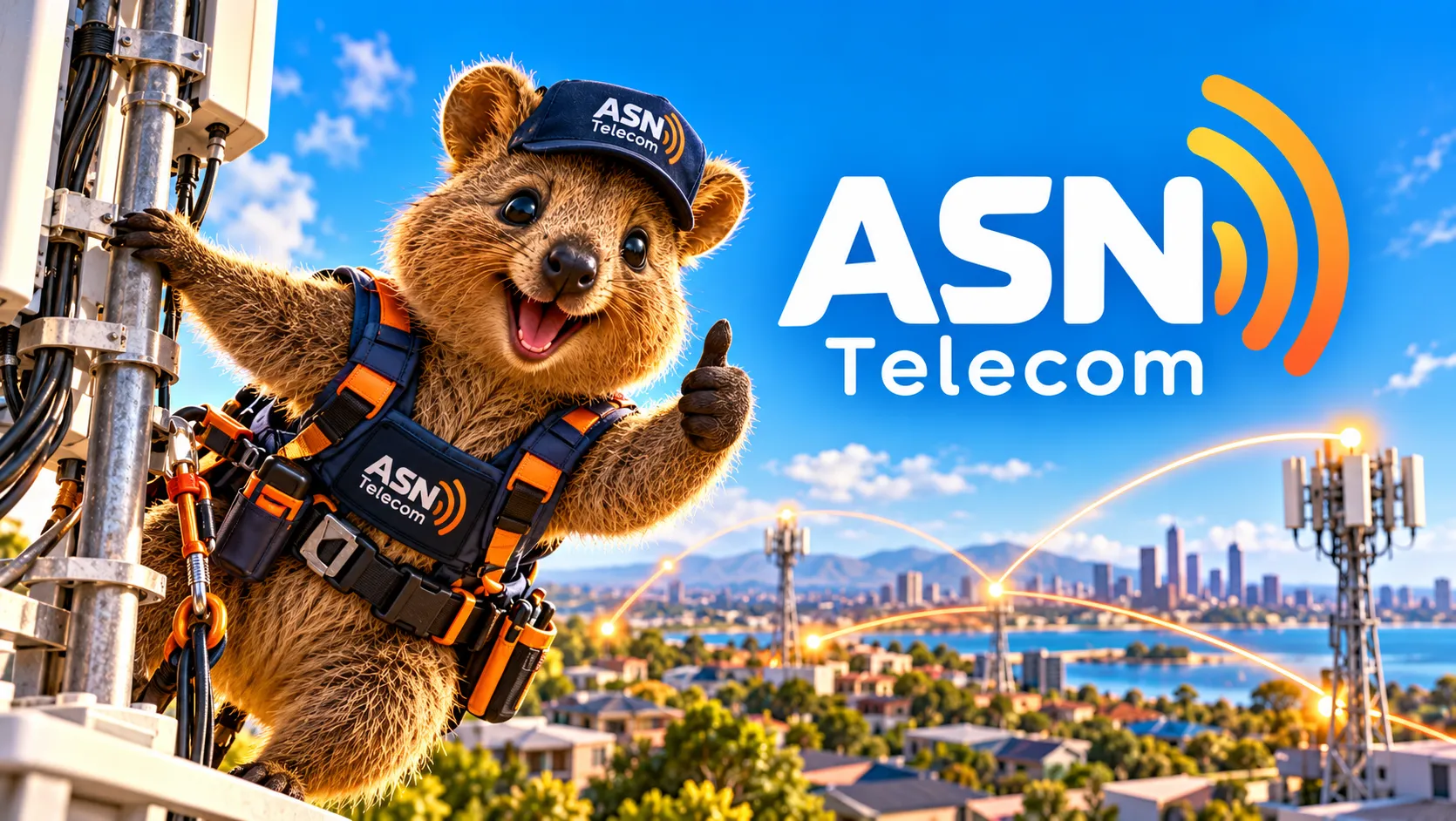 A quokka technician in an ASN Telecom cap and harness giving a thumbs up from a communications tower above a city suburb, beside the ASN Telecom logo
