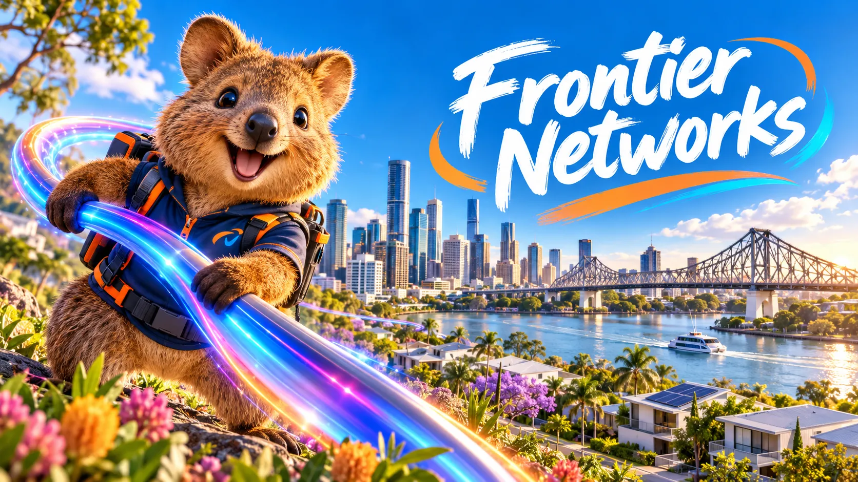 A grinning quokka in a technician backpack hugging a glowing fibre optic cable above a riverside city and bridge, beside the words Frontier Networks
