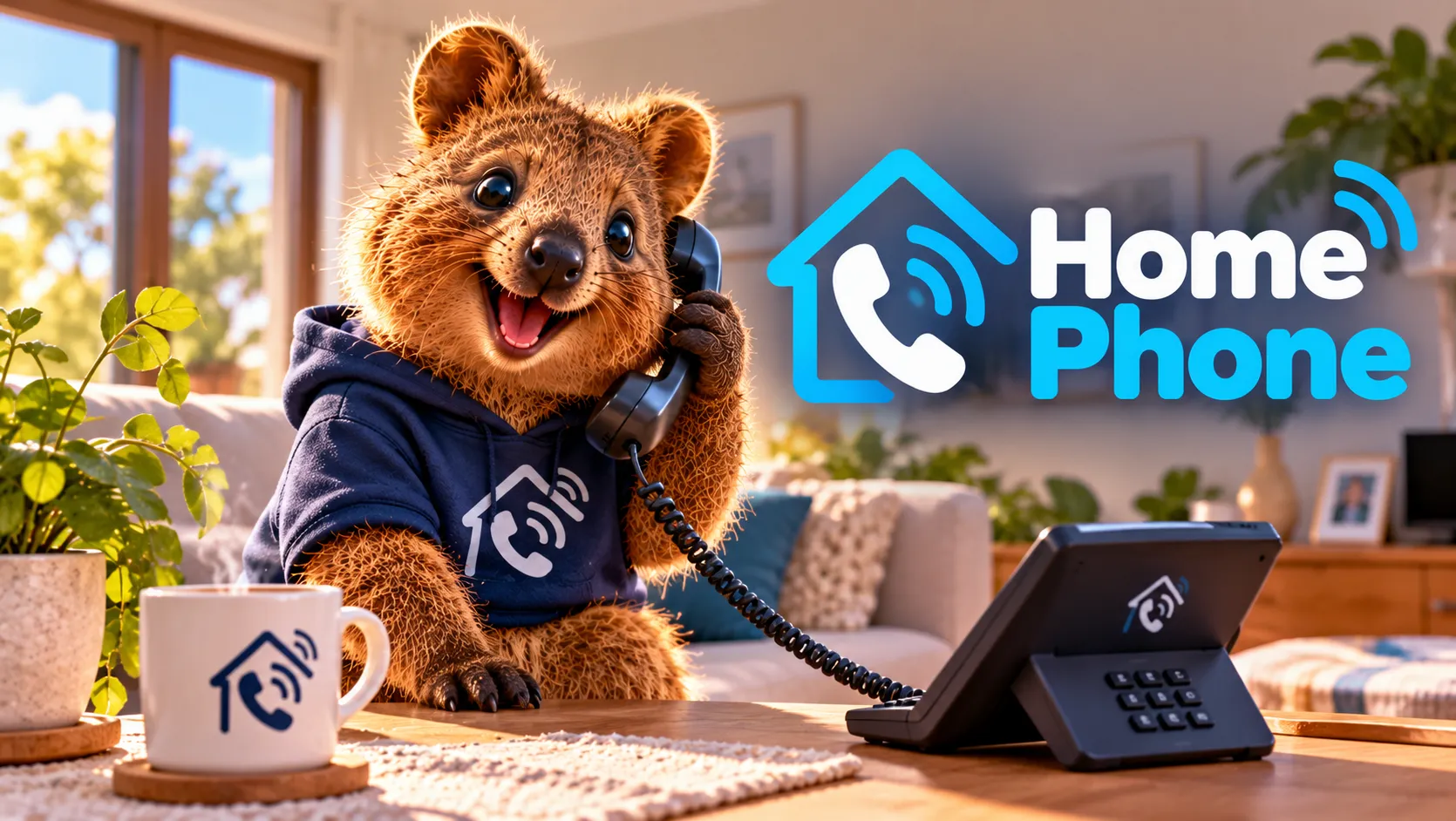 A happy quokka in a hoodie chatting on a desk phone in a sunny living room, beside the Home Phone logo