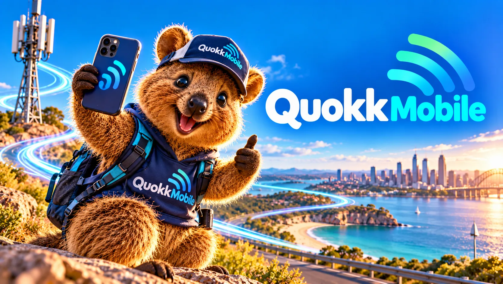 A cheerful quokka in a QuokkMobile cap and backpack holding up a phone and giving a thumbs up above a harbour city, beside the QuokkMobile logo