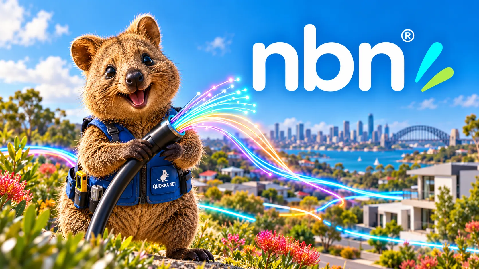 A smiling quokka in a Quokka Net tool vest holding a glowing fibre optic cable above a Sydney suburb, beside the nbn® logo