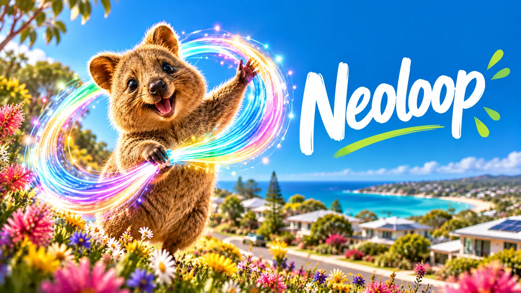 A joyful quokka swirling loops of rainbow fibre optic light above a coastal suburb, beside the word Neoloop