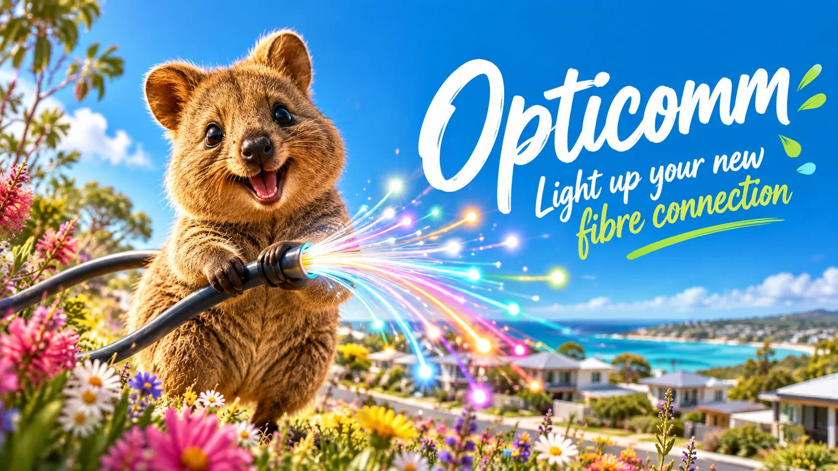A delighted quokka among wildflowers holding a fibre optic cable bursting with coloured light above a coastal suburb, beside the words Opticomm, light up your new fibre connection