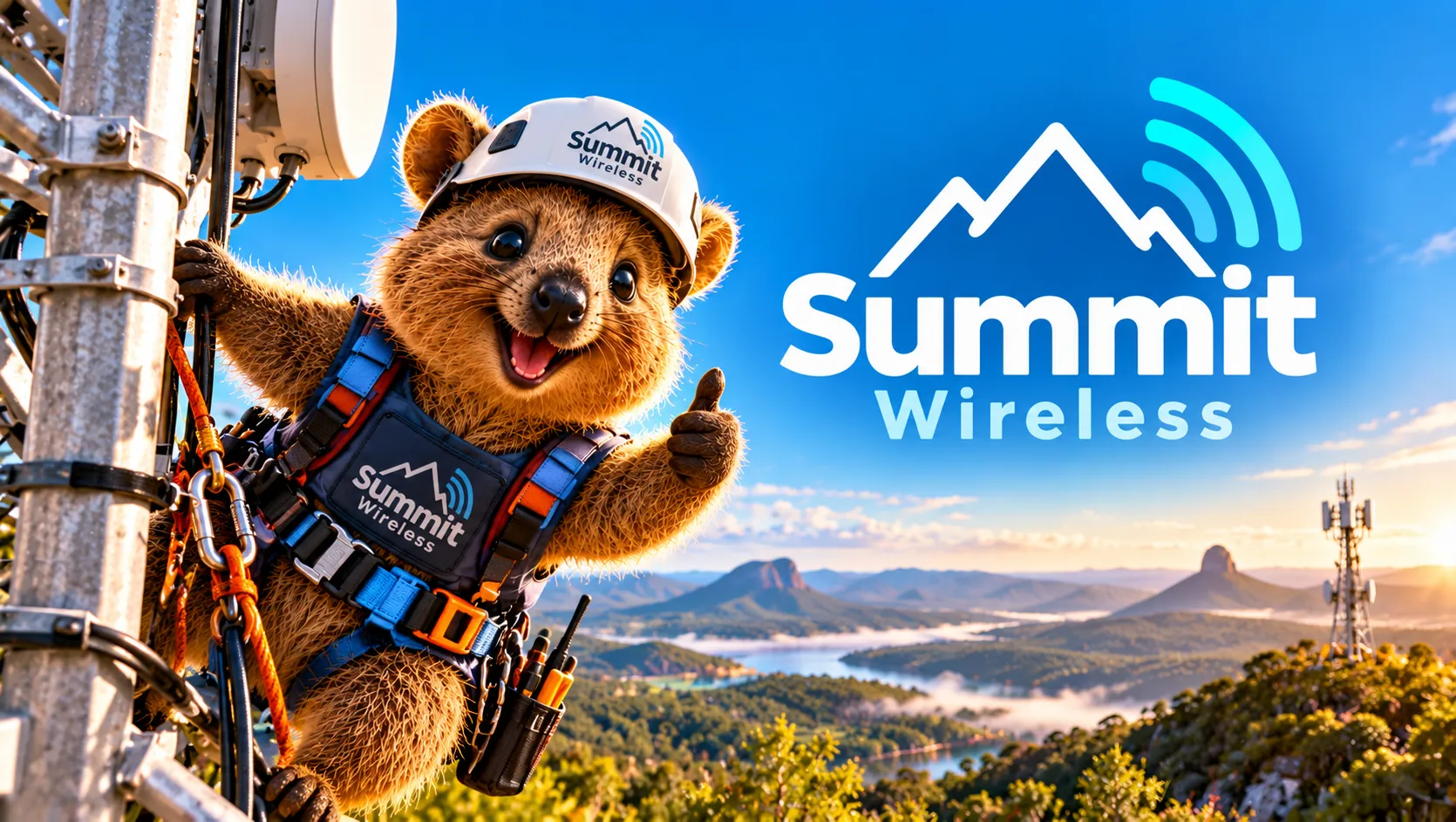 A quokka technician in a helmet and harness marked Summit Wireless, giving a thumbs up from a transmission tower above misty hills at sunrise, beside the words Summit Wireless