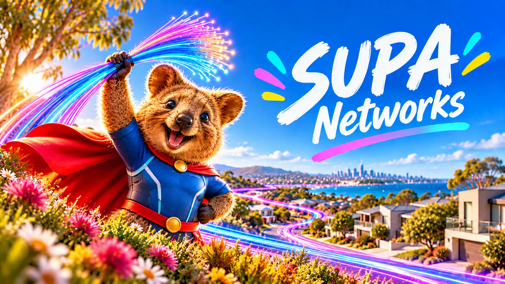 A superhero quokka in a red cape holding a bundle of glowing fibre optic strands aloft above a suburban street, beside the words SUPA Networks