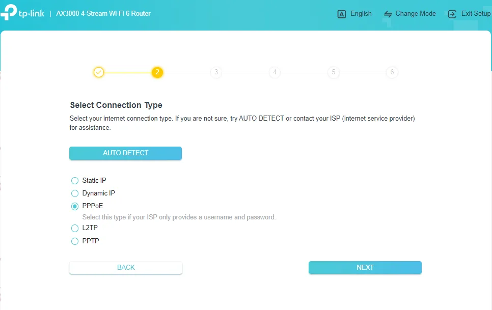 Choosing the PPPoE connection type
