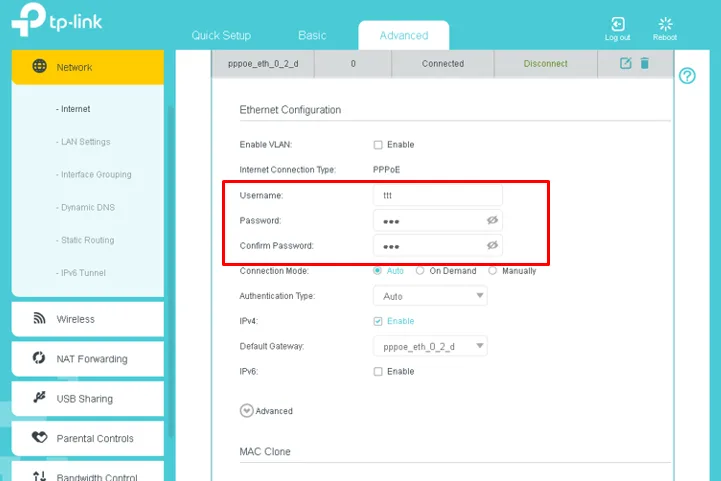 The Internet settings page, with the Username, Password and Confirm Password fields highlighted