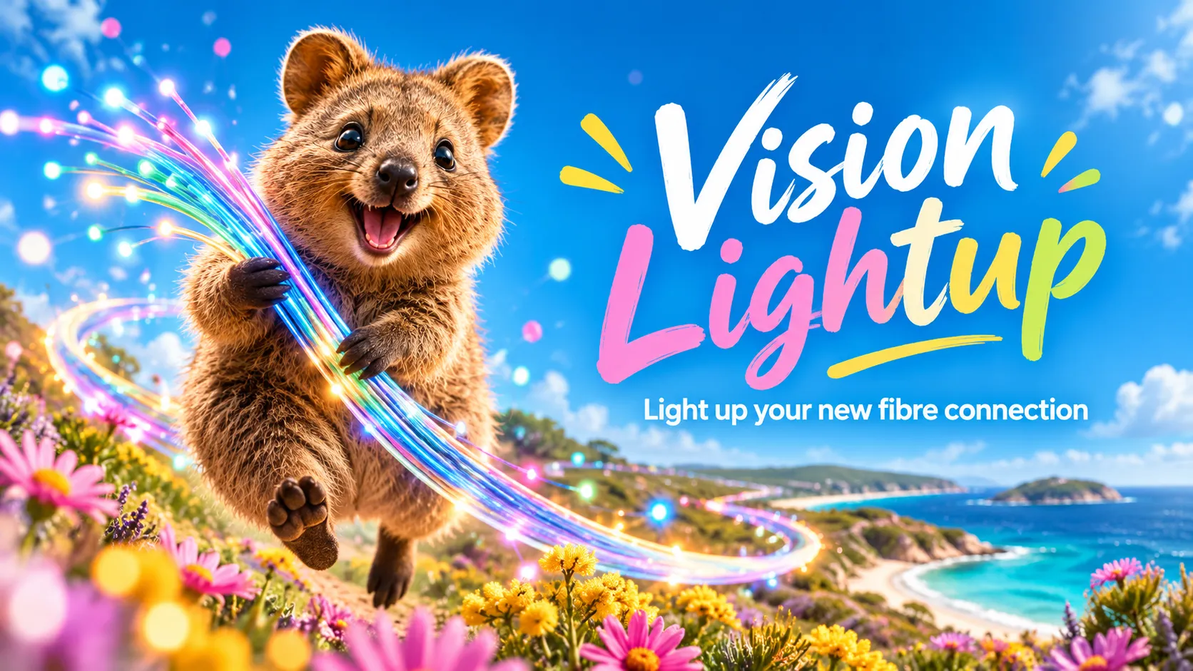 A joyful quokka bounding through coastal wildflowers holding glowing strands of fibre optic cable, beside the words Vision Lightup, light up your new fibre connection