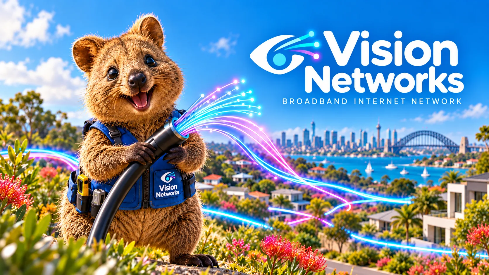 A smiling quokka in a Vision Networks work vest holding a fibre optic cable bursting with coloured light, above a leafy Sydney suburb with the harbour, city skyline and Harbour Bridge behind, beside the words Vision Networks, broadband internet network