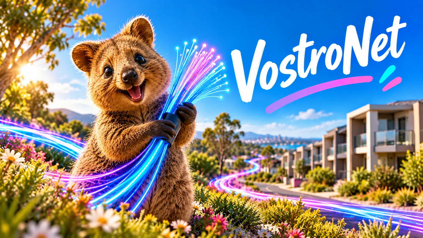 A beaming quokka hugging a bundle of glowing blue and pink fibre optic strands beside a street of apartment buildings, under the word VostroNet